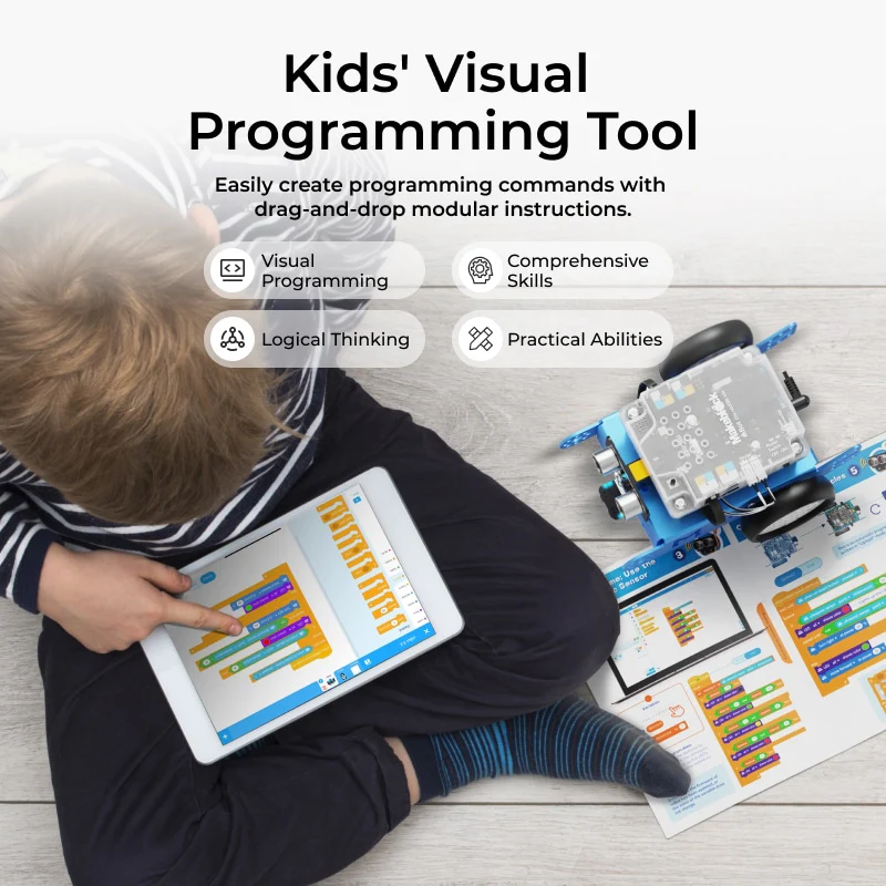 Child coding mBot Ranger with drag-and-drop blocks on a tablet