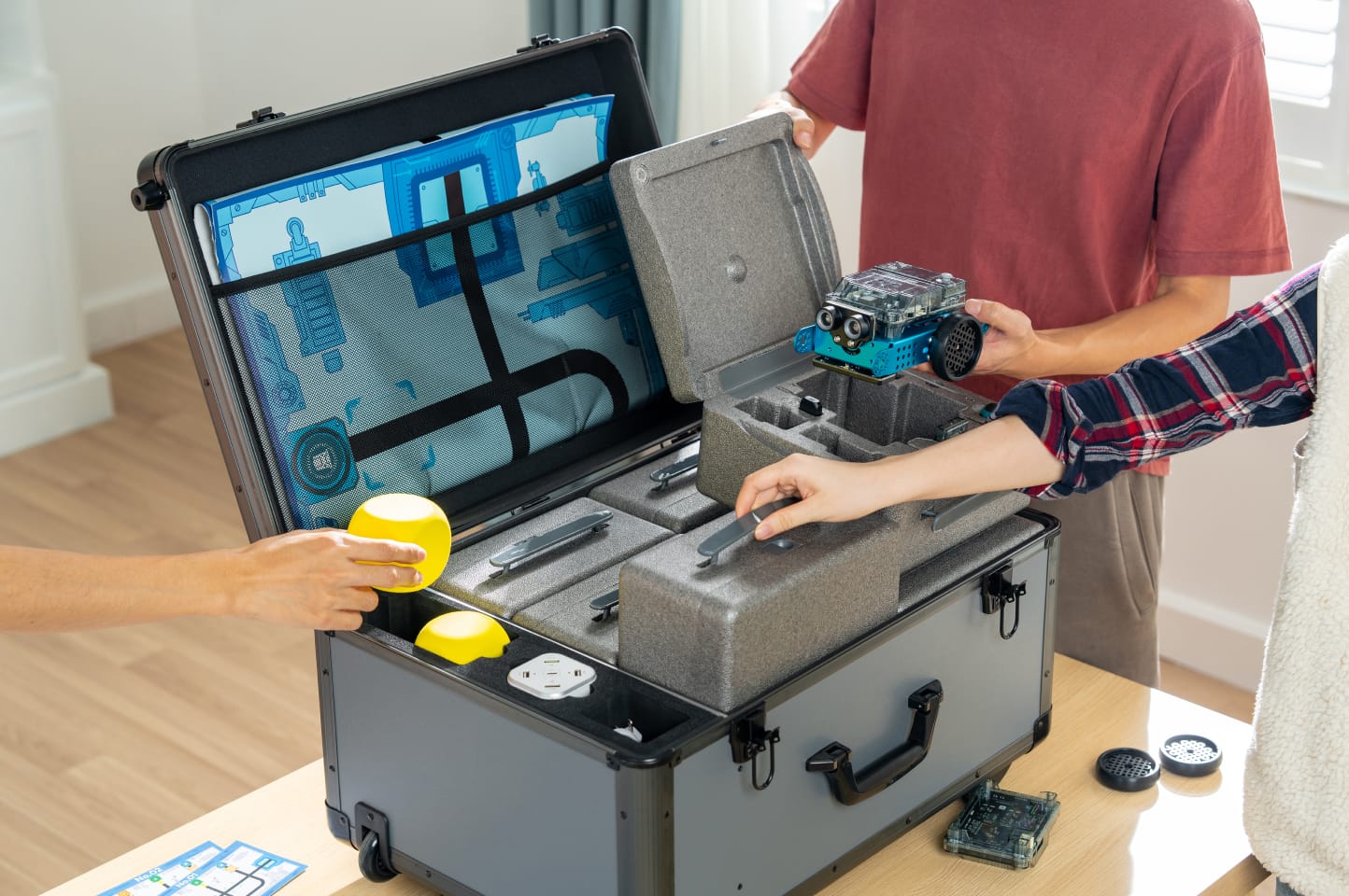 mBot2 portable carry case open with storage compartments