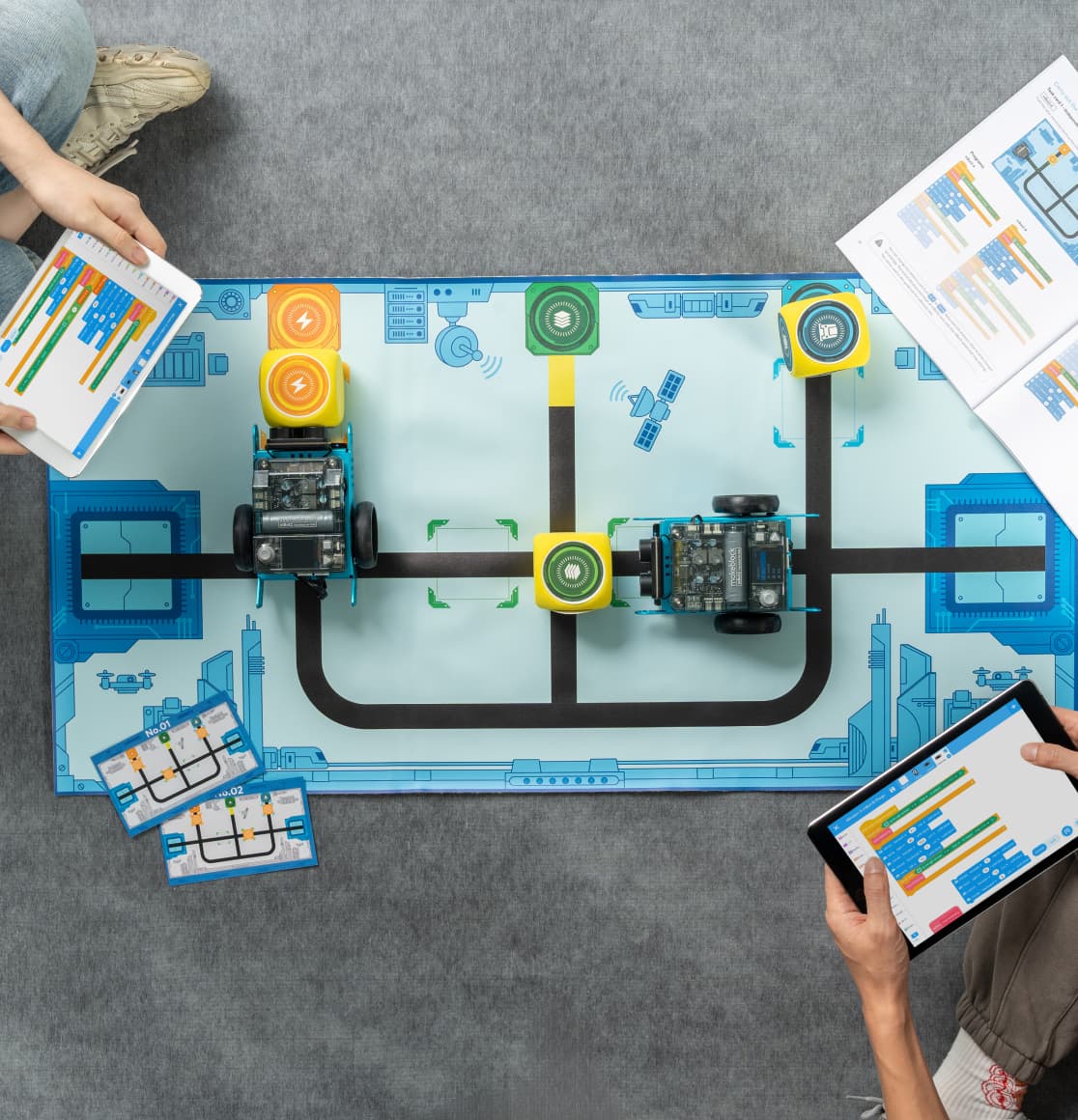 mBot2 Classroom Pack robots on a Future City coding activity mat