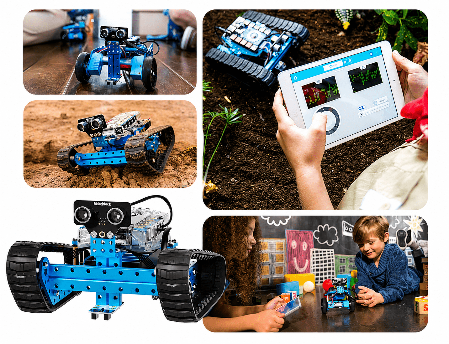 mBot Ranger robotics kit shown in its three build configurations