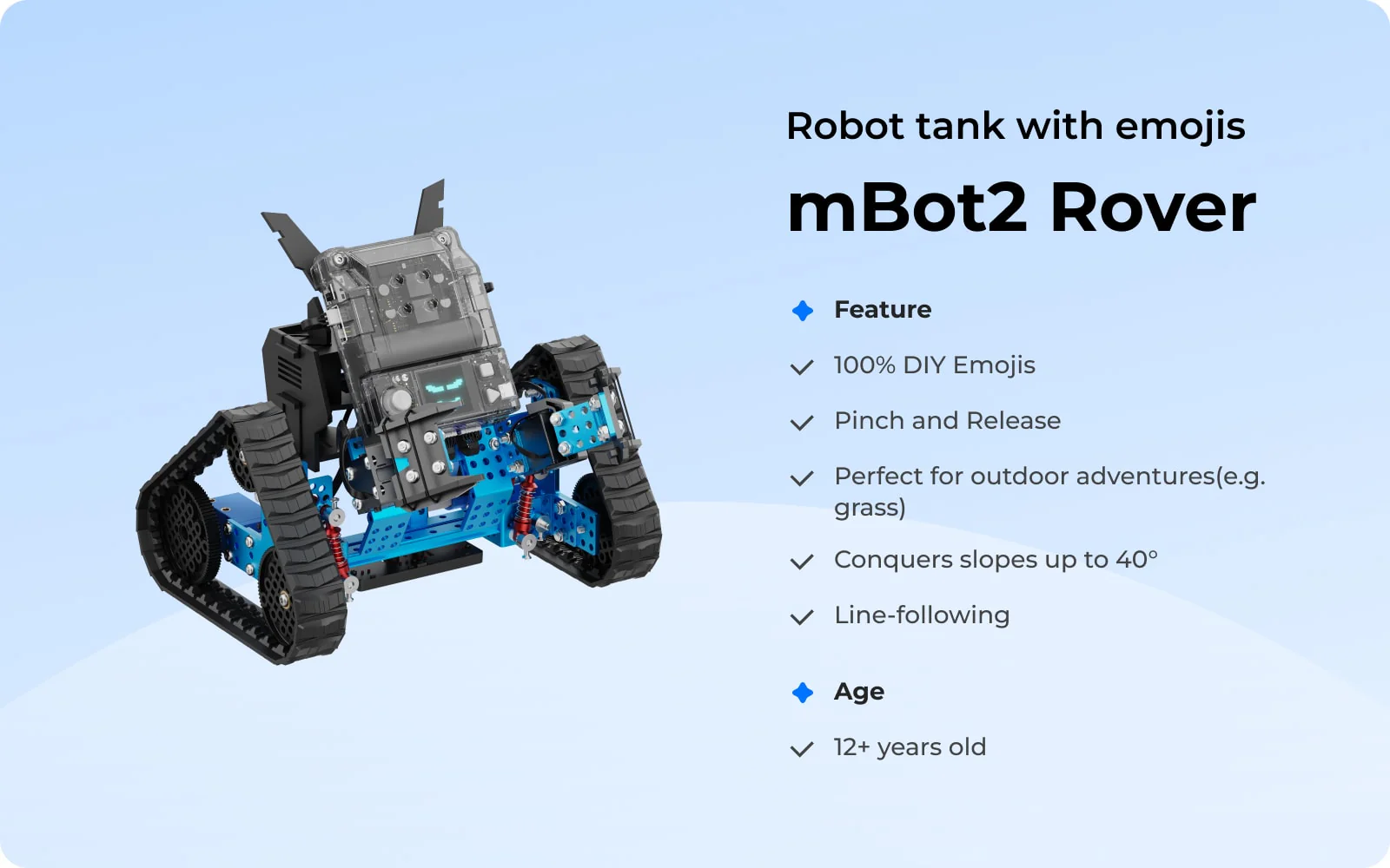 mBot2 Rover robot tank displaying an emoji expression